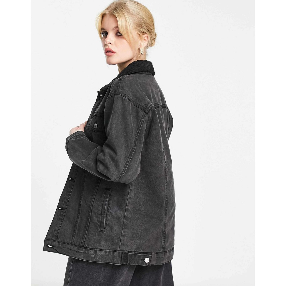 ASOS DENIM Black Washed Sherpa Lined Trucker Jacket‎ US 10 - Picture 4 of 14